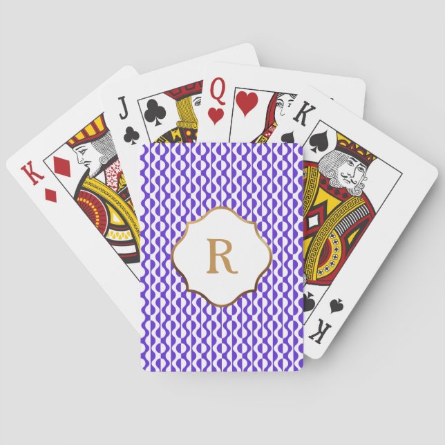 Gold Monogram, Purple & White Waves Retro Pattern Poker Cards (Back)