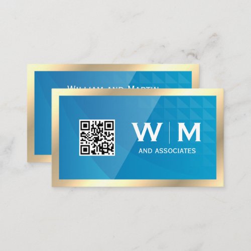 Gold Monogram  QR Code  Blue Geometric Business Card