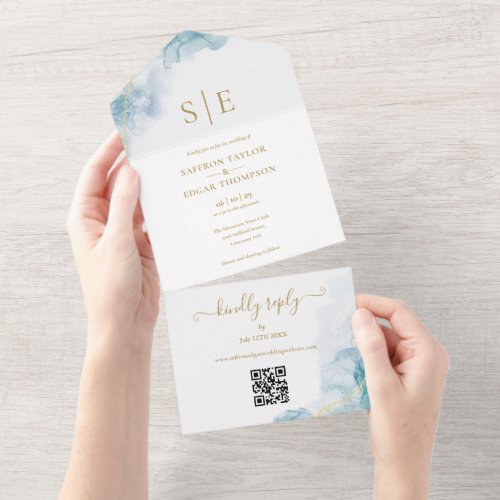 Gold Monogram QR Code Blue Watercolor Wedding All In One Invitation