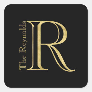 Gold Monogram R and Name on Any Color Square Sticker