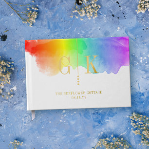 Gold Monogram Rainbow Watercolor LGBTQ Wedding Foil Guest Book
