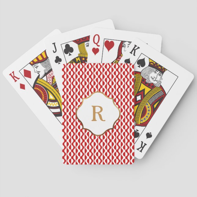 Gold Monogram, Red & White Waves Retro Pattern Poker Cards (Back)
