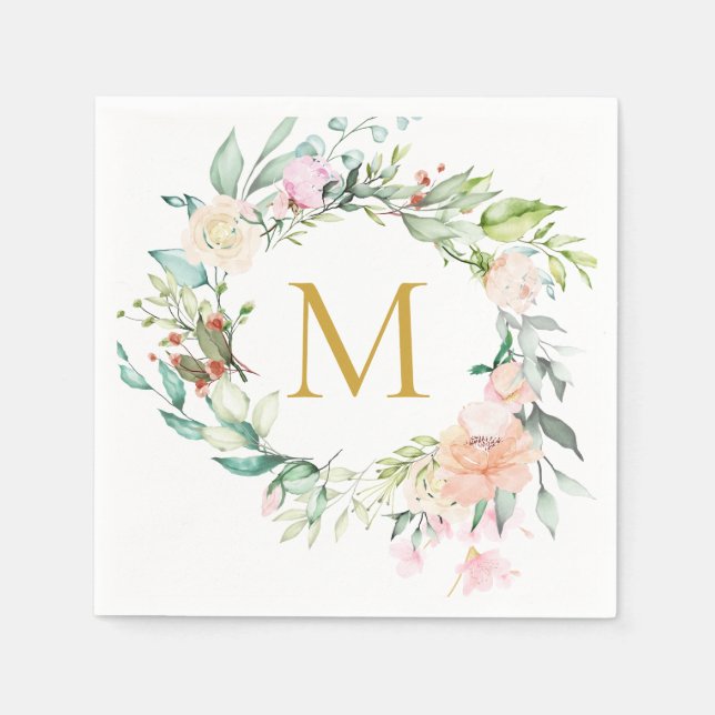 Gold Monogram Roses Garland Floral Napkins (Front)