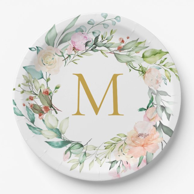 Gold Monogram Roses Garland Floral Paper Plates (Front)