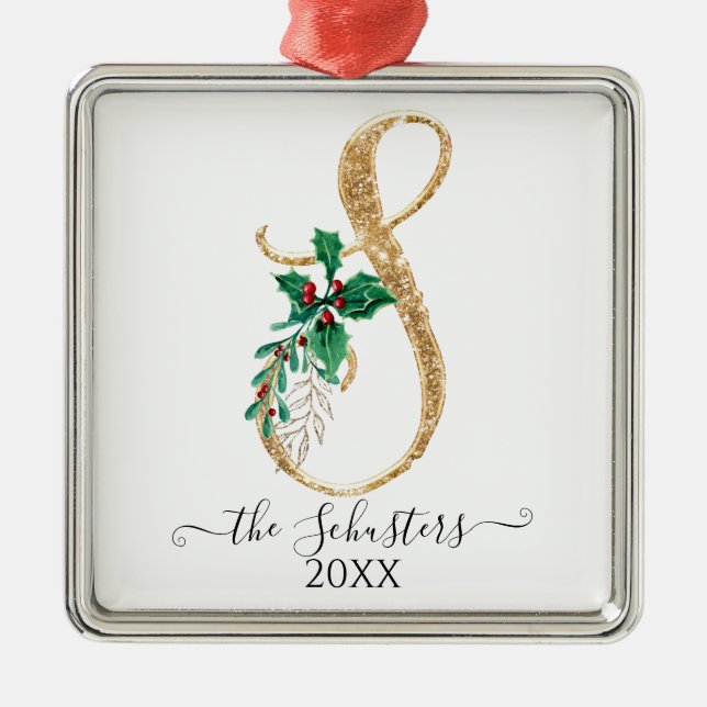 Gold Monogram S Glitter Christmas Holly Foliage Metal Ornament (Front)