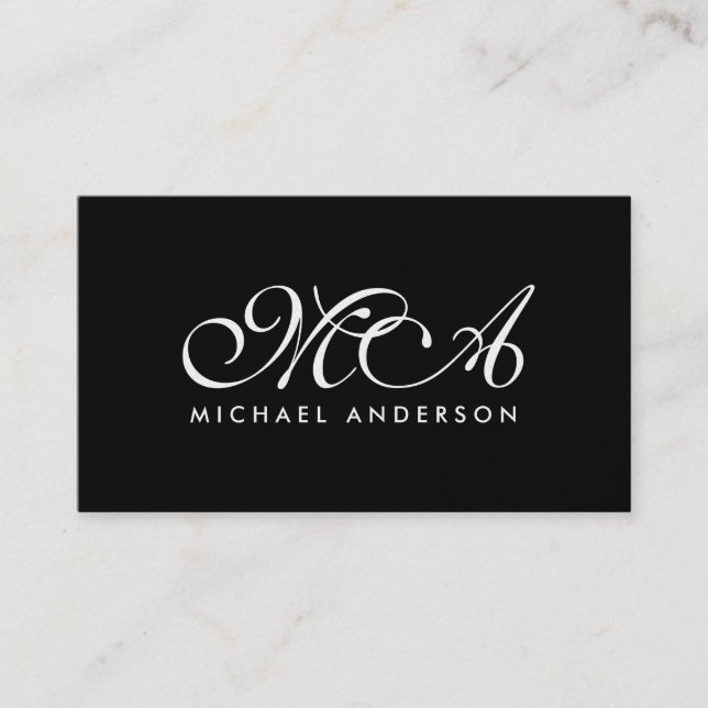 Gold Monogram Script Black Background Business Card (Front)