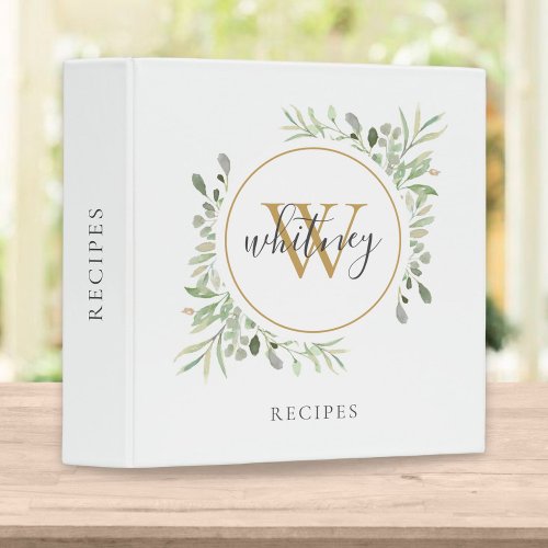 Gold Monogram Script Botanical Greenery Recipe 3 Ring Binder