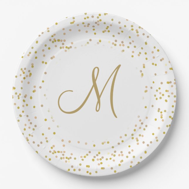 Gold Monogram Script Gold Dust Confetti Paper Plates (Front)