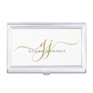 Gold Monogram Script Name  Business Card Case