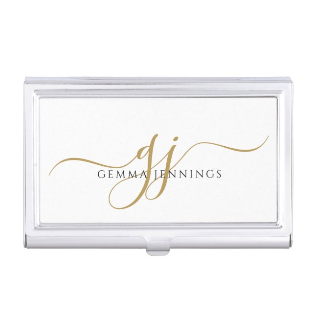 Gold Monogram Script Name  Business Card Case (Front)