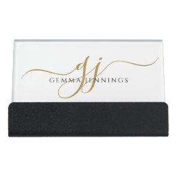 Gold Monogram Script Name  Desk Business Card Holder
