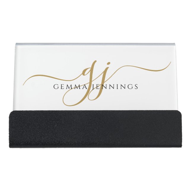 Gold Monogram Script Name  Desk Business Card Holder (Front)