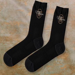 Gold Monogram Script Name Elegant Black Socks