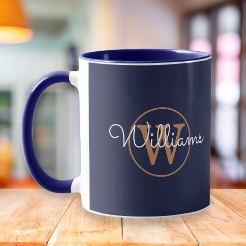 Gold Monogram Script Name Navy Blue Mug