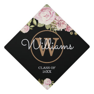 Gold Monogram Script Name Pink Roses Floral Graduation Cap Topper