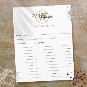 Gold Monogram Script Name Recipe Card