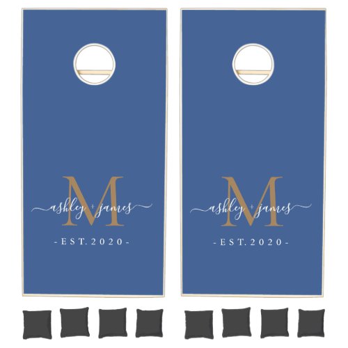 Gold Monogram Script Names Newlywed Classic Blue Cornhole Set