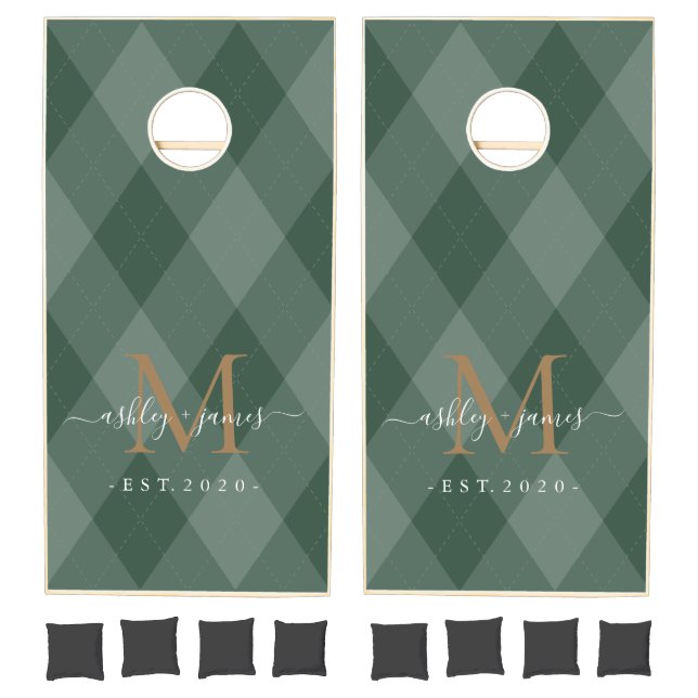 Gold Monogram Script Names Newlywed Green Argyle Cornhole Set (Set)