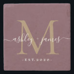 Gold Monogram Script Names Wedding Date Burgundy Stone Coaster<br><div class="desc">Chic, modern black monogrammed stone coaster with your names and year established in white elegant hand lettered script calligraphy with a gold monogram on a burgundy background. Simply add your names, monogram and year established beneath. Stylish design and perfect luxury gift for the newlywed couple. If you need any help...</div>