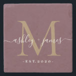 Gold Monogram Script Names Wedding Date Burgundy Stone Coaster<br><div class="desc">Chic, modern black monogrammed stone coaster with your names and year established in white elegant hand lettered script calligraphy with a gold monogram on a burgundy background. Simply add your names, monogram and year established beneath. Stylish design and perfect luxury gift for the newlywed couple. If you need any help...</div>