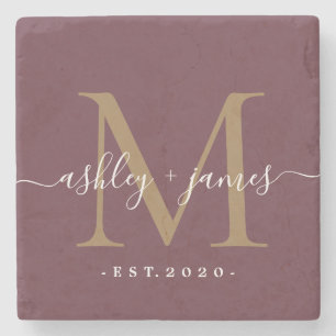 Gold Monogram Script Names Wedding Date Burgundy Stone Coaster