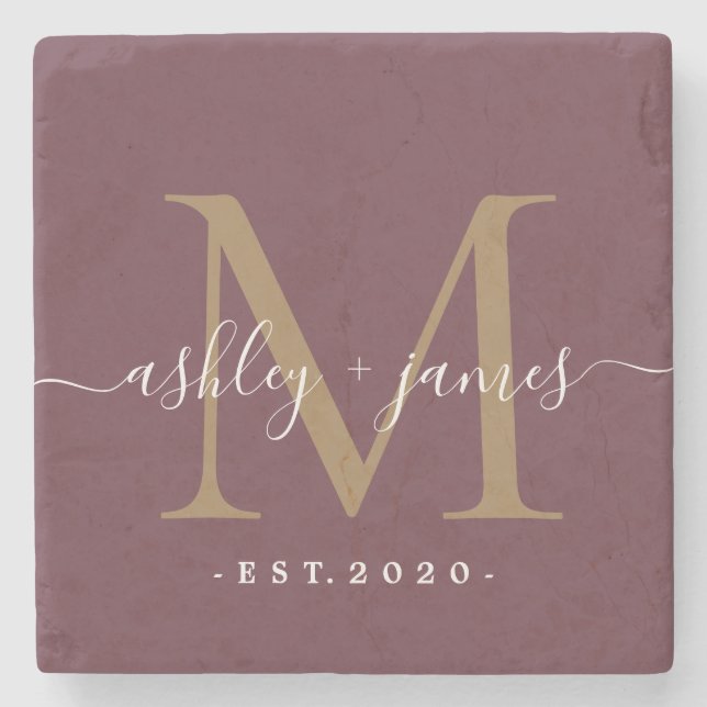 Gold Monogram Script Names Wedding Date Burgundy Stone Coaster (Front)