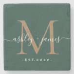 Gold Monogram Script Names Wedding Date Dark Green Stone Coaster at Zazzle