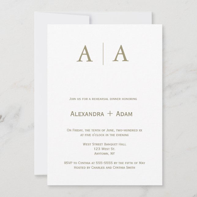 Gold monogram simple rehearsal dinner invitations (Front)