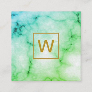Gold Monogram Square Green Marble Square Business Card