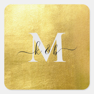 Gold Monogram Swash Script Square Wedding Sticker