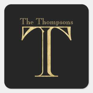 Gold Monogram T and Name on Any Color Square Sticker