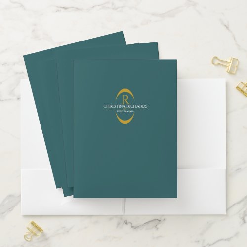 Gold Monogram Teal Modern Elegant Business Pocket Folder