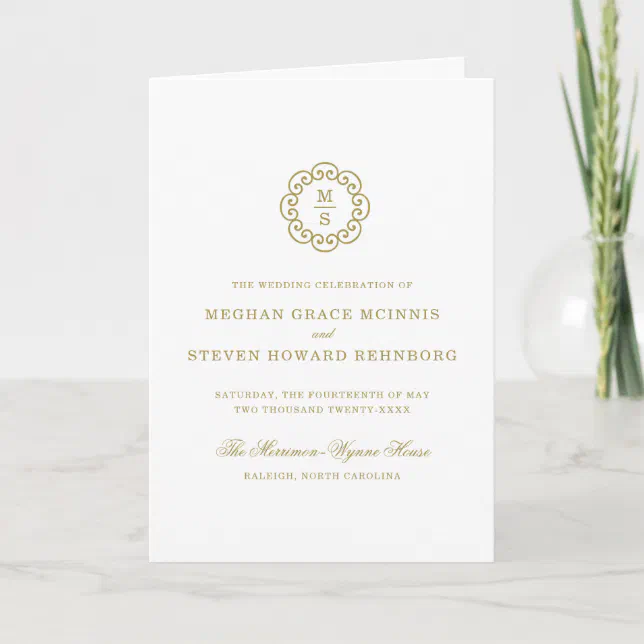 Gold monogram traditional catholic wedding program zazzle