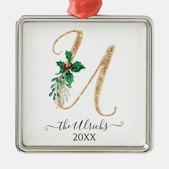 Gold Monogram U Glitter Christmas Holly Foliage Metal Ornament (Front)