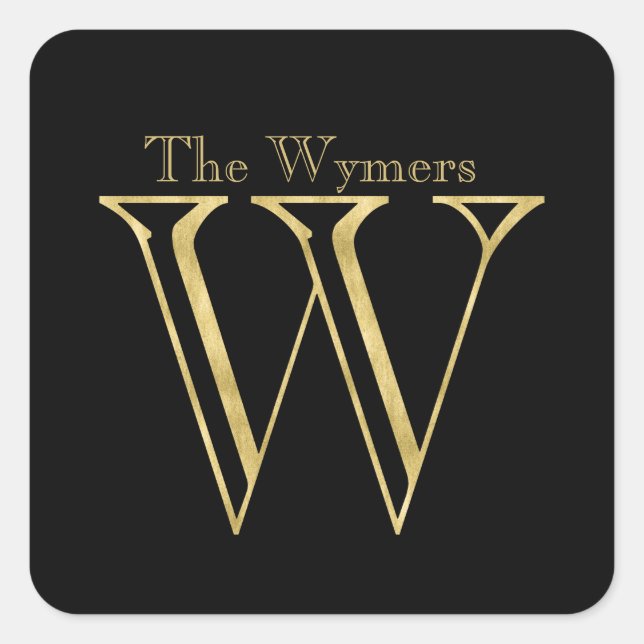 Gold Monogram W and Name on Any Color Square Sticker (Front)