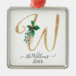 Gold Monogram W Glitter Christmas Holly Foliage Metal Ornament