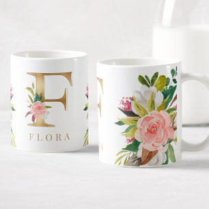 Gold Monogram Watercolor Floral Botanical Coffee Mug