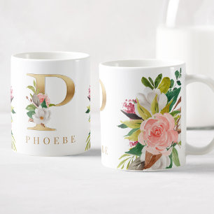 Gold Monogram Watercolor Floral Botanical Coffee Mug