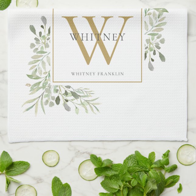 Gold Monogram Watercolor Greenery Kitchen Towel (Folded)