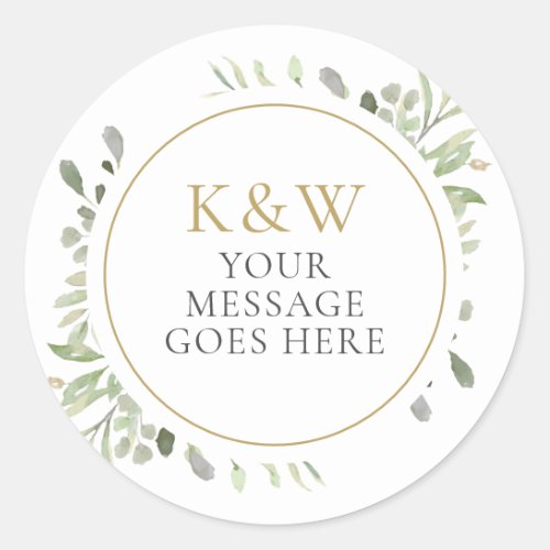 Gold Monogram Watercolor Greenery Wedding Classic Round Sticker