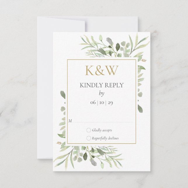 Gold Monogram Watercolor Greenery Wedding RSVP Card (Front)