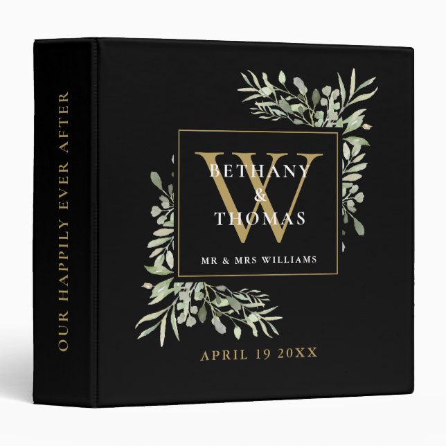 Gold Monogram Wedding Album Greenery Black 3 Ring Binder (Front/Spine)