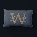 Gold Monogram Wedding Date Dark Blue Lumbar Pillow<br><div class="desc">Elegant wedding keepsake pillow features your names in white chic handwritten script calligraphy and your stylish gold monogram on a dark blue background. Simply add your names, monogram and wedding date. Great gift for a newlywed couple. Exclusively designed for you by Happy Dolphin Studio. If you need any help or...</div>