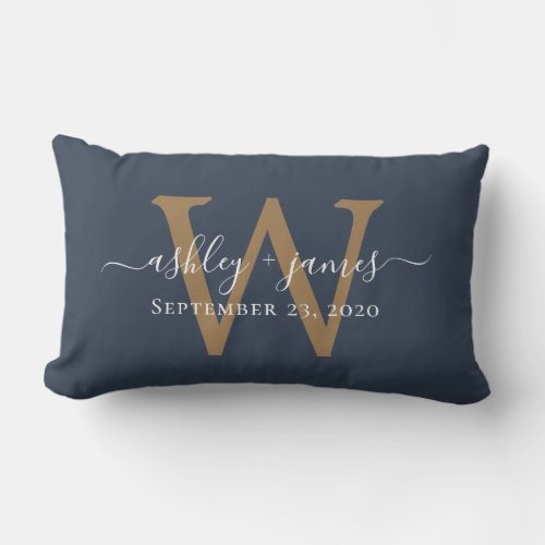 Gold Monogram Wedding Date Dark Blue Lumbar Pillow