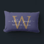 Gold Monogram Wedding Date Navy Blue Lumbar Pillow<br><div class="desc">Elegant wedding keepsake pillow features your names in white chic handwritten script calligraphy and your stylish gold monogram on a navy blue background. Simply add your names, monogram and wedding date. Great gift for a newlywed couple. Exclusively designed for you by Happy Dolphin Studio. If you need any help or...</div>