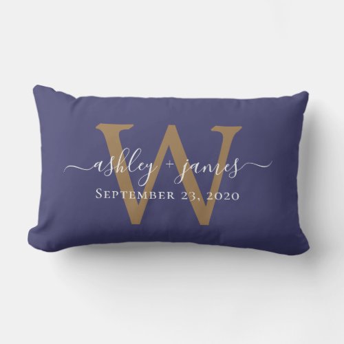 Gold Monogram Wedding Date Navy Blue Lumbar Pillow