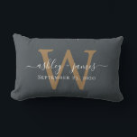 Gold Monogram Wedding Date Off-Black Lumbar Pillow<br><div class="desc">Elegant wedding keepsake pillow features your names in white chic handwritten script calligraphy and your stylish gold monogram on an off-black background. Simply add your names, monogram and wedding date. Great gift for a newlywed couple. Exclusively designed for you by Happy Dolphin Studio. If you need any help or matching...</div>