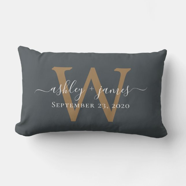 Gold Monogram Wedding Date Off-Black Lumbar Pillow (Front)