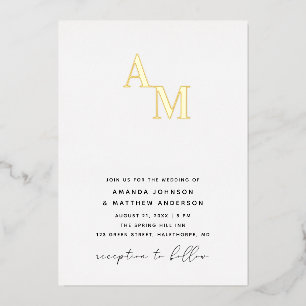 Gold Monogram Wedding. Elegant Minimalist Initials Foil Invitation