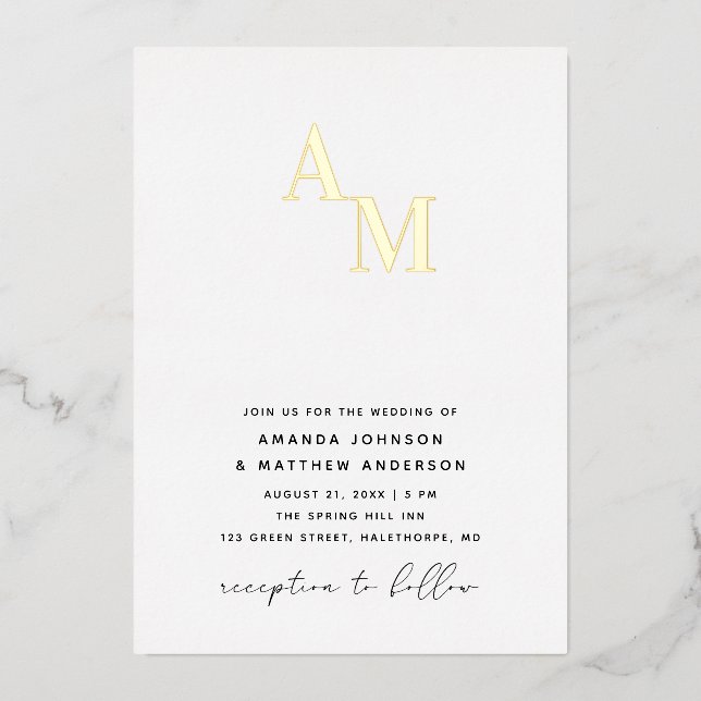 Gold Monogram Wedding. Elegant Minimalist Initials Foil Invitation (Front)